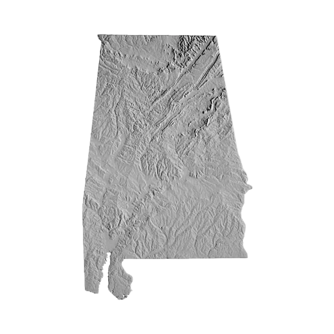 Alabama Terrain Map STL file for 3D printing and CNC routing, LightBurn and Vectric ready
