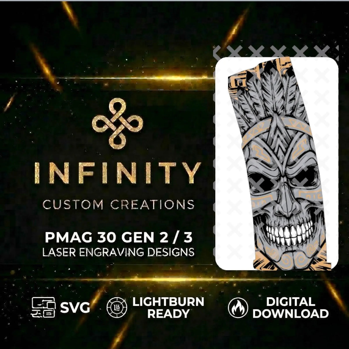 Aztec Skull MAG Digital Design SVG file for digital crafting, LightBurn and Vectric ready