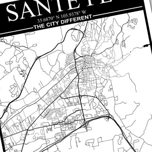 Santa Fe New Mexico City Map detail view, ready for laser cutting and CNC routing