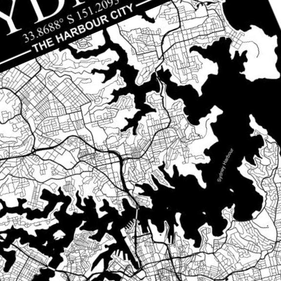 Sydney, Australia City Map detail view, ready for laser cutting and CNC routing