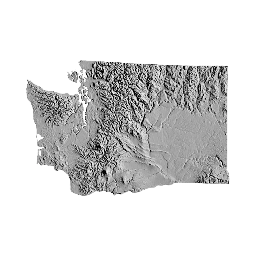 Washington Terrain Map STL file for 3D printing and CNC routing, LightBurn and Vectric ready