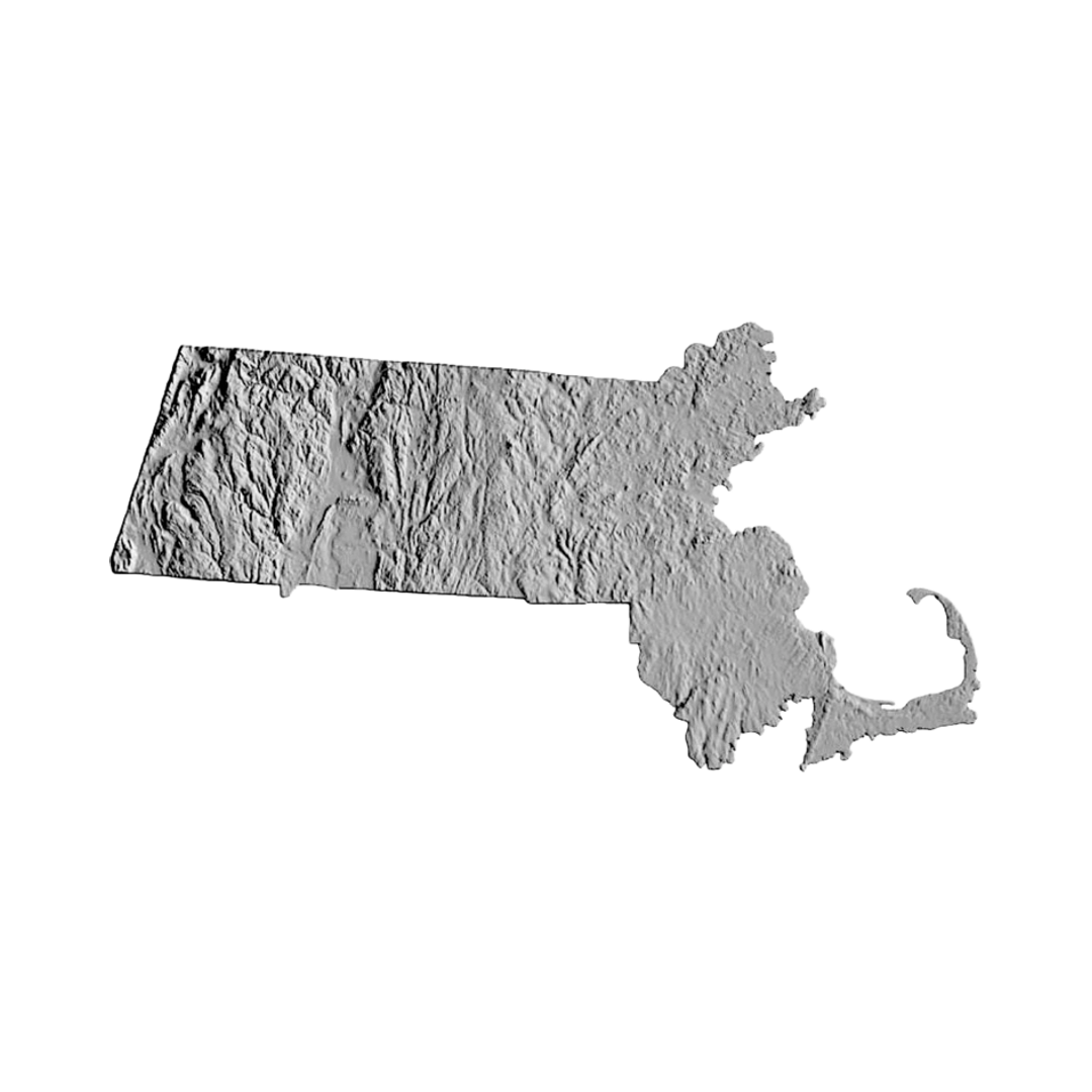 Massachusetts Terrain Map STL file for 3D printing and CNC routing, LightBurn and Vectric ready