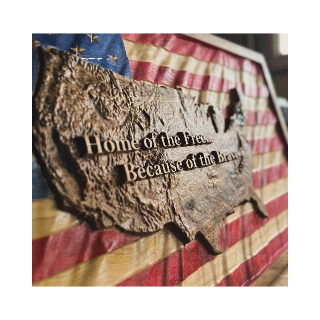 3D United States Terrain Wavy Flag (How-To Video Included) STL file for 3D printing and CNC routing, LightBurn and Vectric...