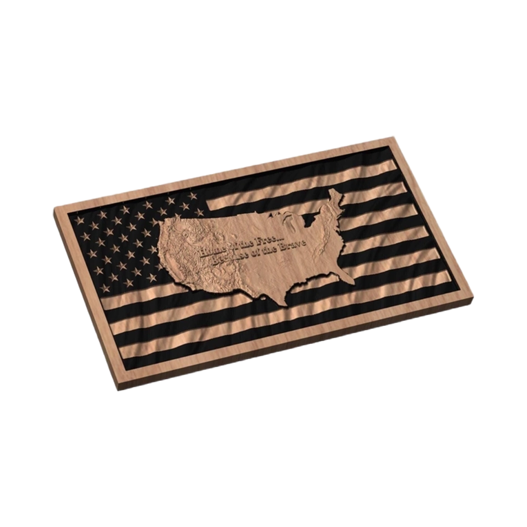 3D United States Terrain Wavy Flag (How-To Video Included) detail view, ready for 3D printing and CNC routing