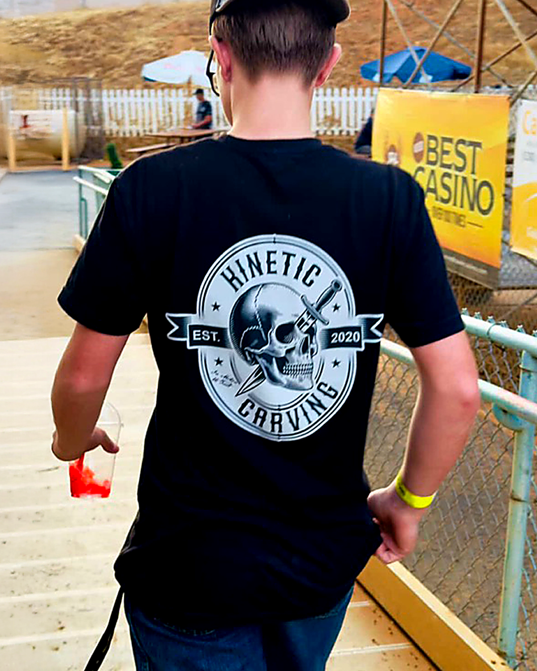 Kinetic Carving shirt with the skull badge, worn at a show