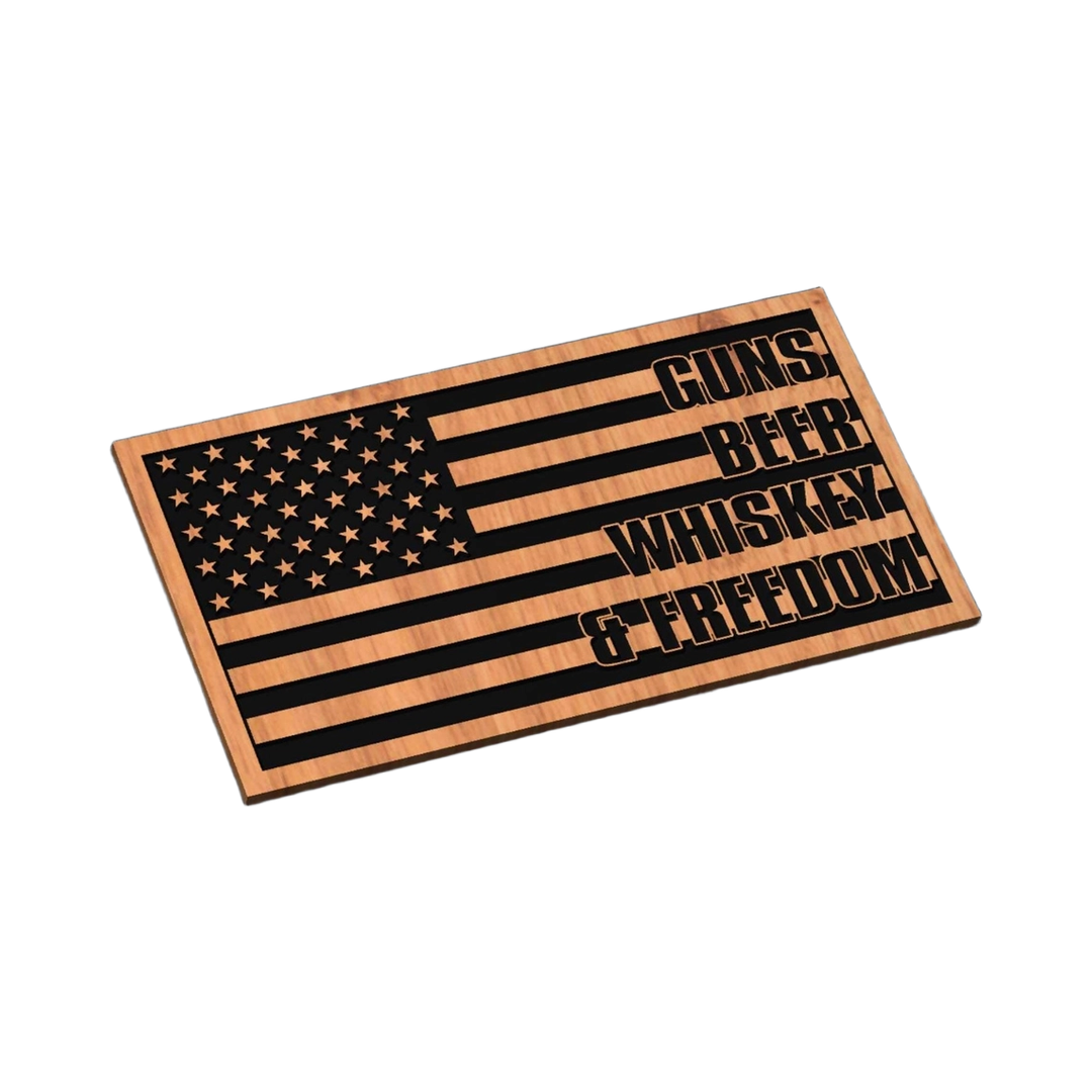 U.S. Flag Guns Beer Whiskey Freedom SVG file for laser cutting and CNC routing, LightBurn and Vectric ready