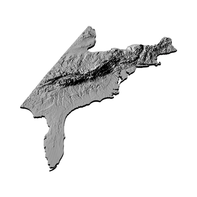 Appalachian Mountains Terrain Map detail view, ready for 3D printing and CNC routing