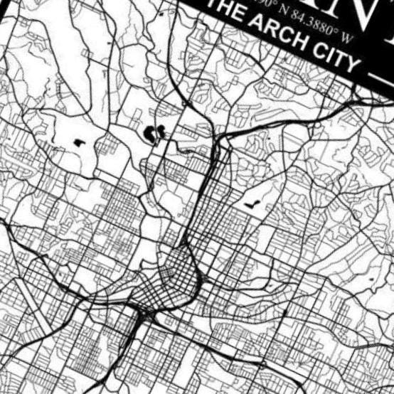 Atlanta, Georgia City Map detail view, ready for laser cutting and CNC routing