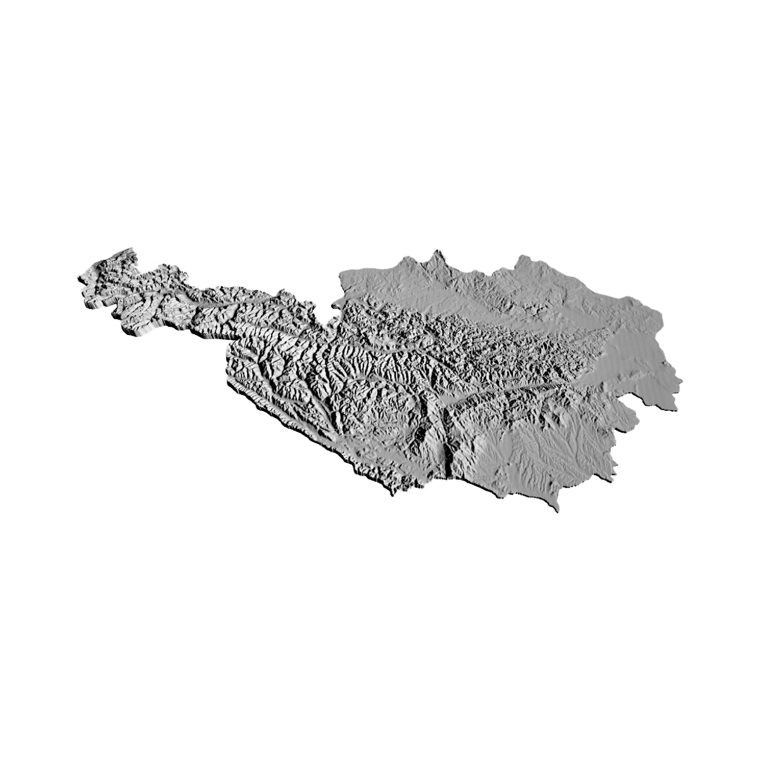 Austria Terrain Map detail view, ready for 3D printing and CNC routing
