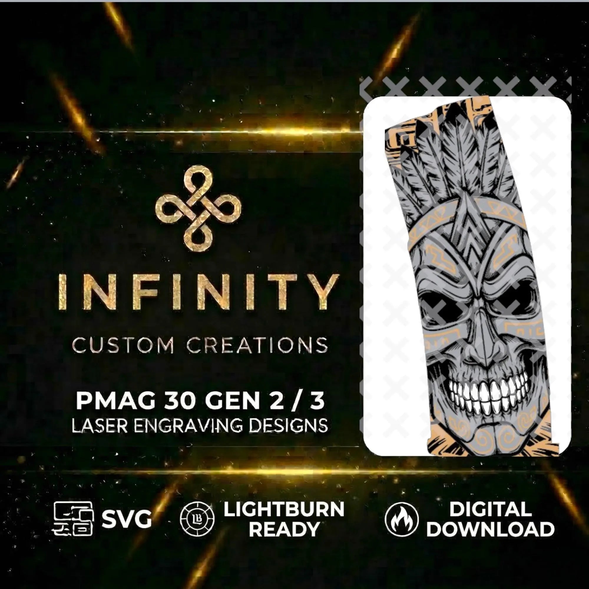 Aztec Skull MAG Digital Design SVG file for digital crafting, LightBurn and Vectric ready