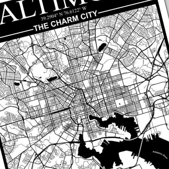 Baltimore Maryland City Map detail view, ready for laser cutting and CNC routing