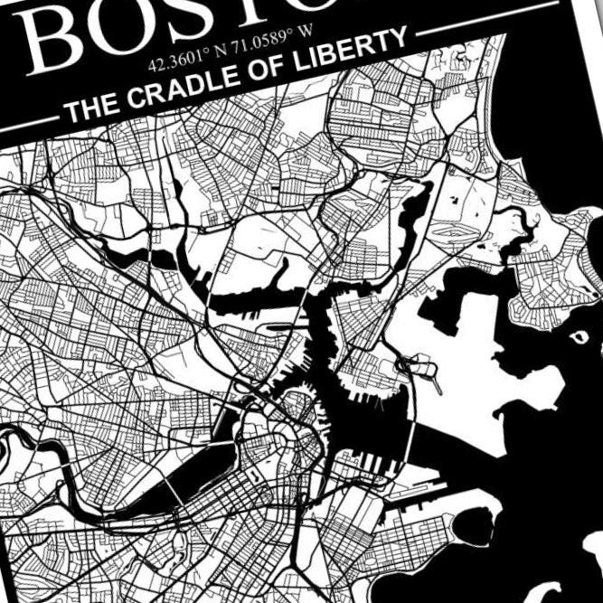 Boston, Massachusetts City Map detail view, ready for laser cutting and CNC routing