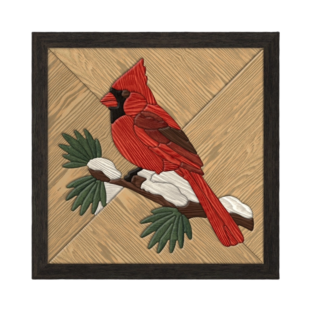 Cardinal on a Snowy Branch Intarsia Pattern SVG file for digital crafting, LightBurn and Vectric ready