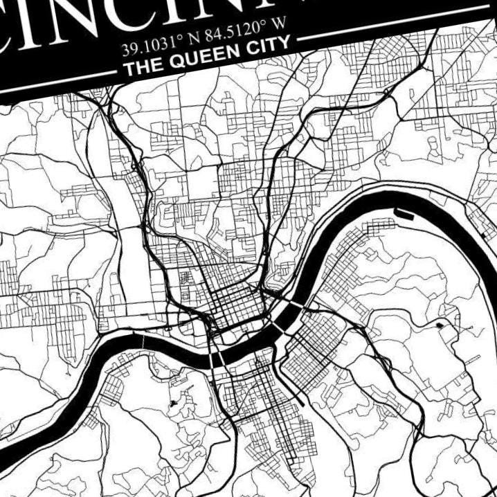 Cincinnati, Ohio City Map detail view, ready for laser cutting and CNC routing