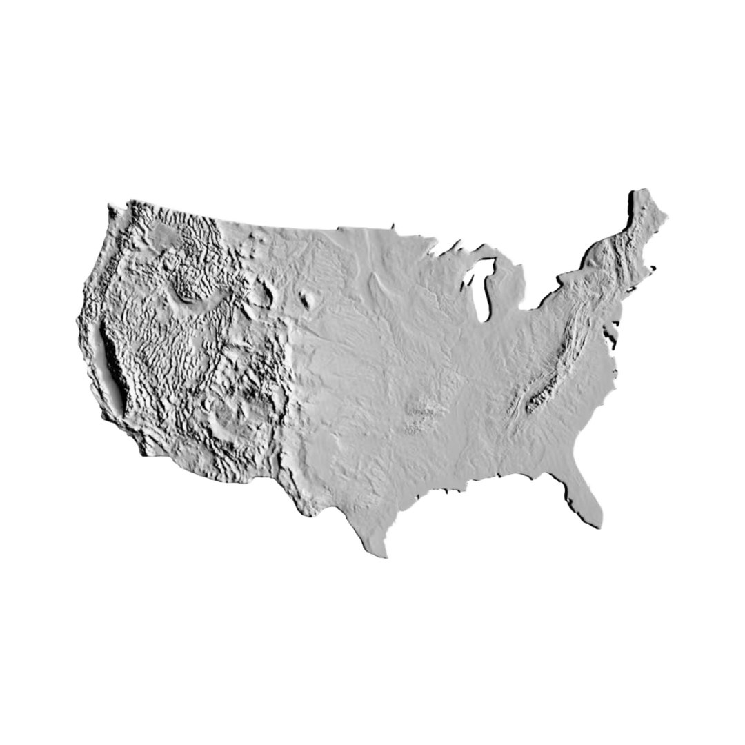 Continental U.S. Terrain Map STL file for 3D printing and CNC routing, LightBurn and Vectric ready