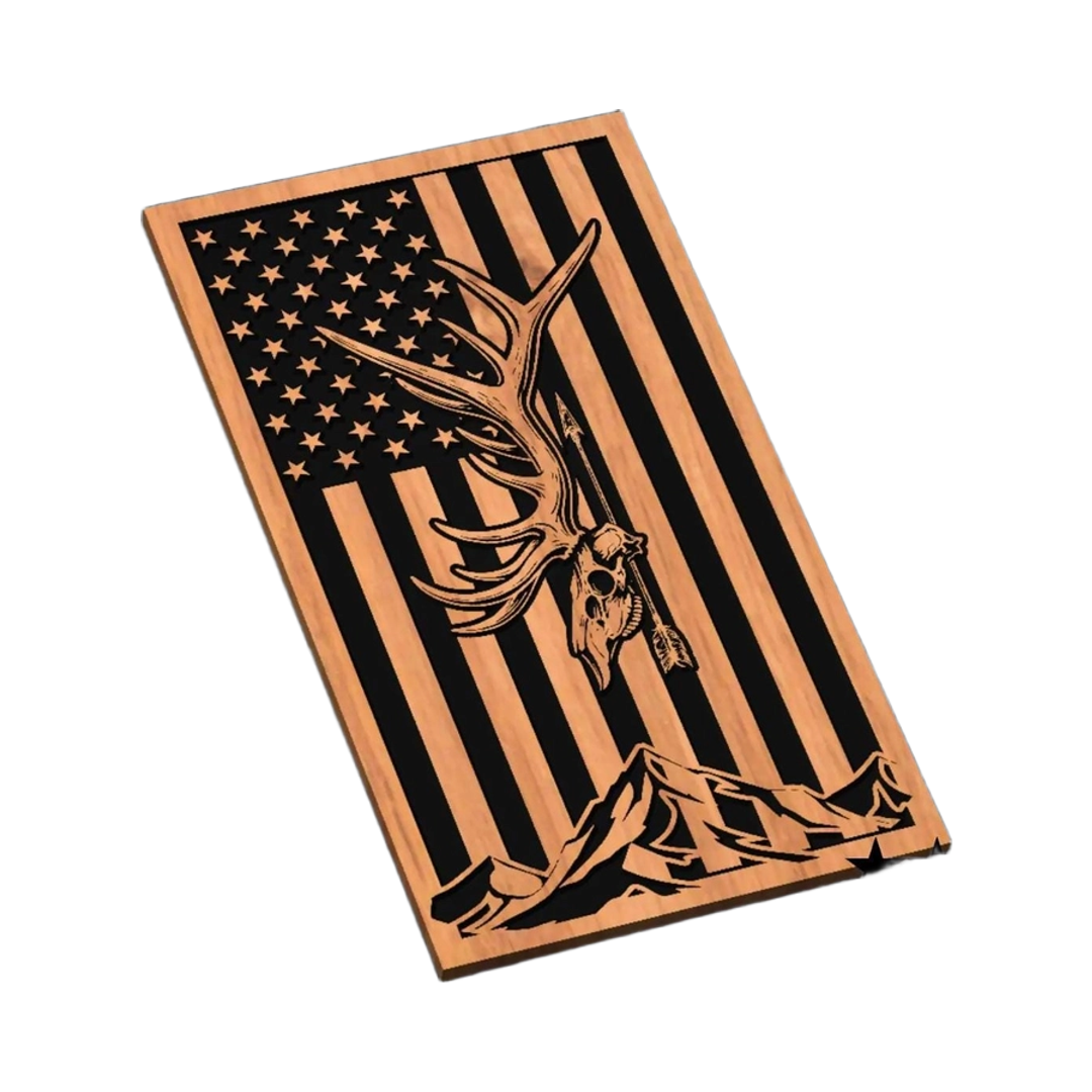 Elk Hunt U.S. Flag SVG file for laser cutting and CNC routing, LightBurn and Vectric ready