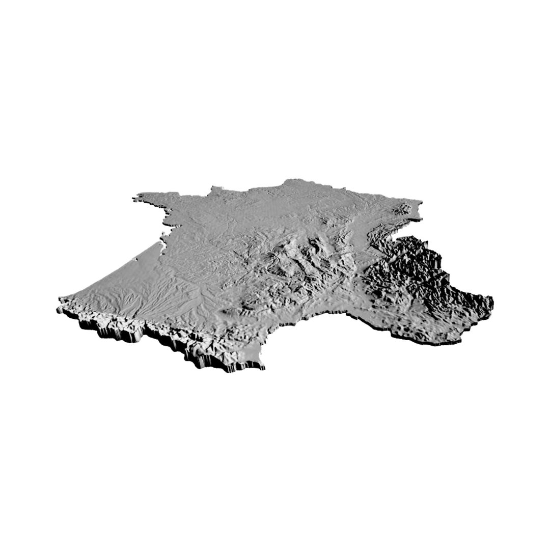 France Terrain Map detail view, ready for 3D printing and CNC routing
