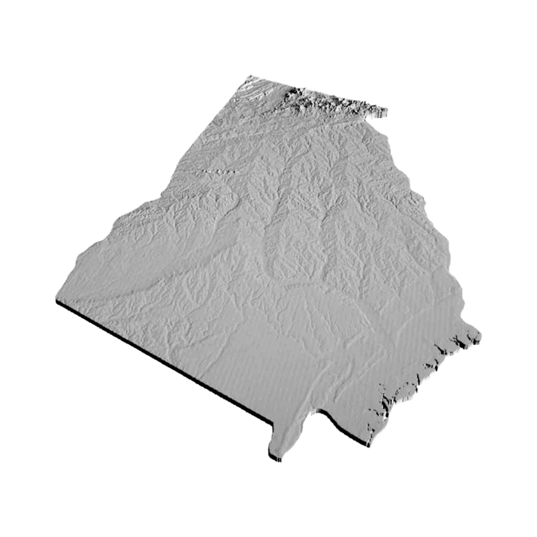 Georgia (U.S.) Terrain Map detail view, ready for 3D printing and CNC routing