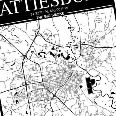 Hattiesburg, Mississippi City Map detail view, ready for laser cutting and CNC routing