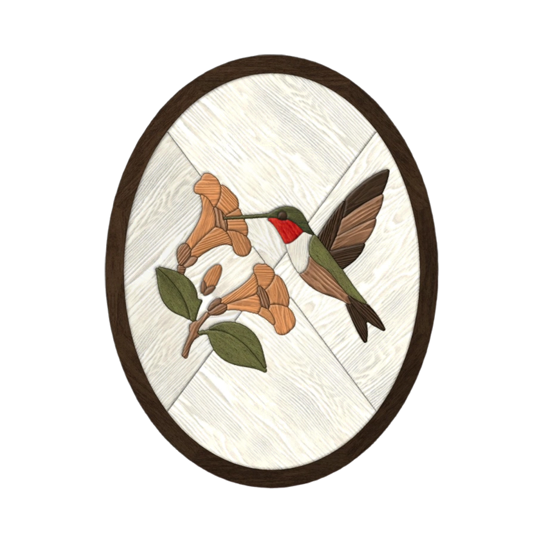 Hummingbird and Trumpet Vine Intarsia Pattern SVG file for digital crafting, LightBurn and Vectric ready