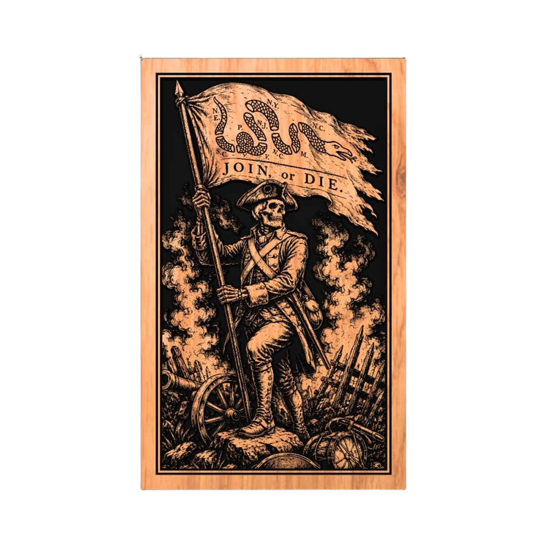 Join or Die Colonial Skeleton Soldier design preview, patriotic & americana