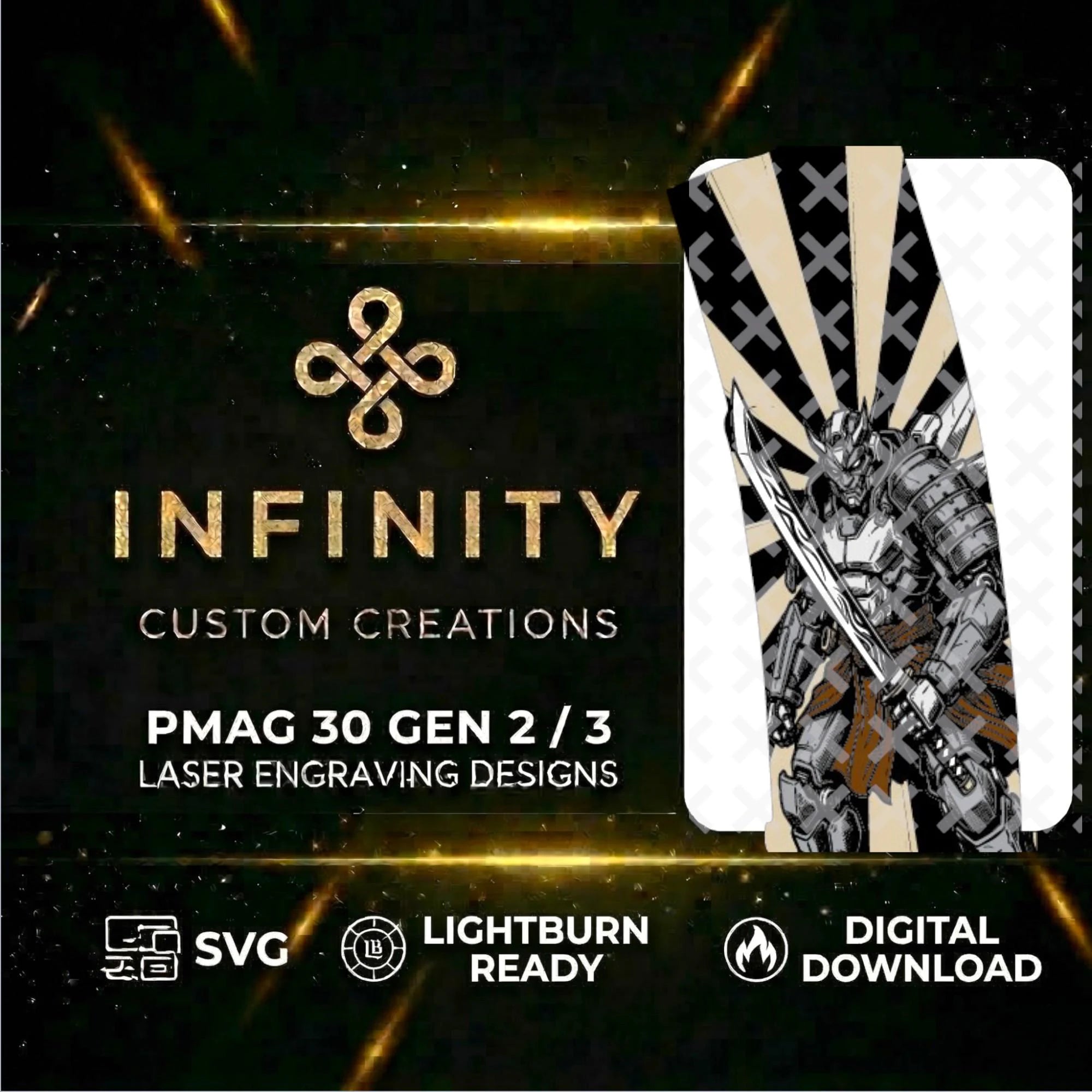Mech Ronin MAG Fiber Laser Engraving Design SVG file for digital crafting, LightBurn and Vectric ready