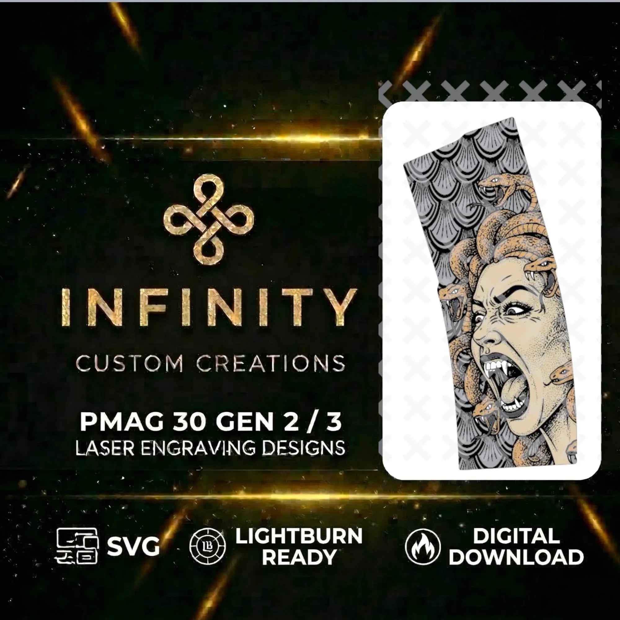 Medusa MAG Fiber Laser Engraving Design SVG file for digital crafting, LightBurn and Vectric ready