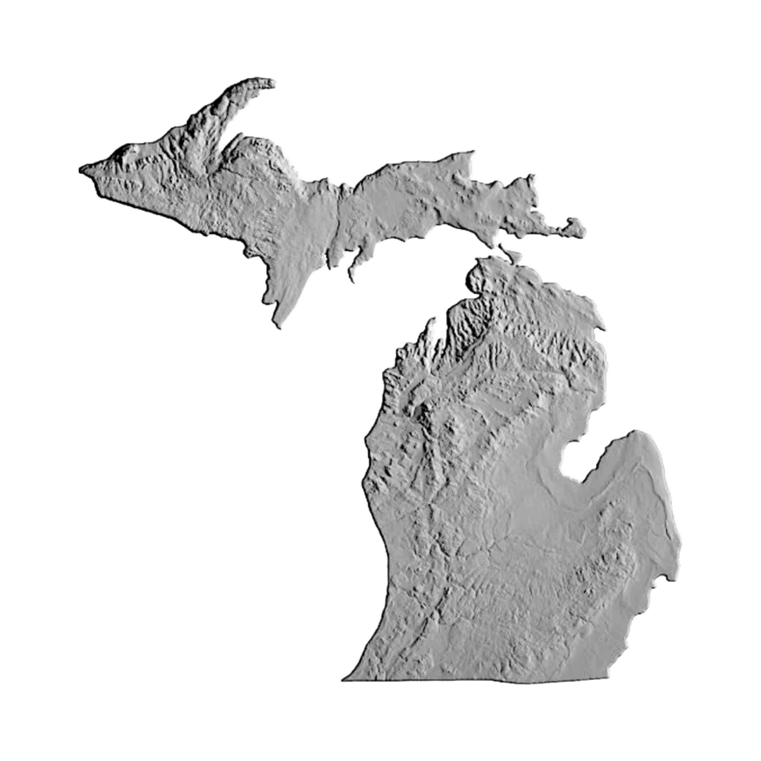 Michigan Terrain Map STL file for 3D printing and CNC routing, LightBurn and Vectric ready