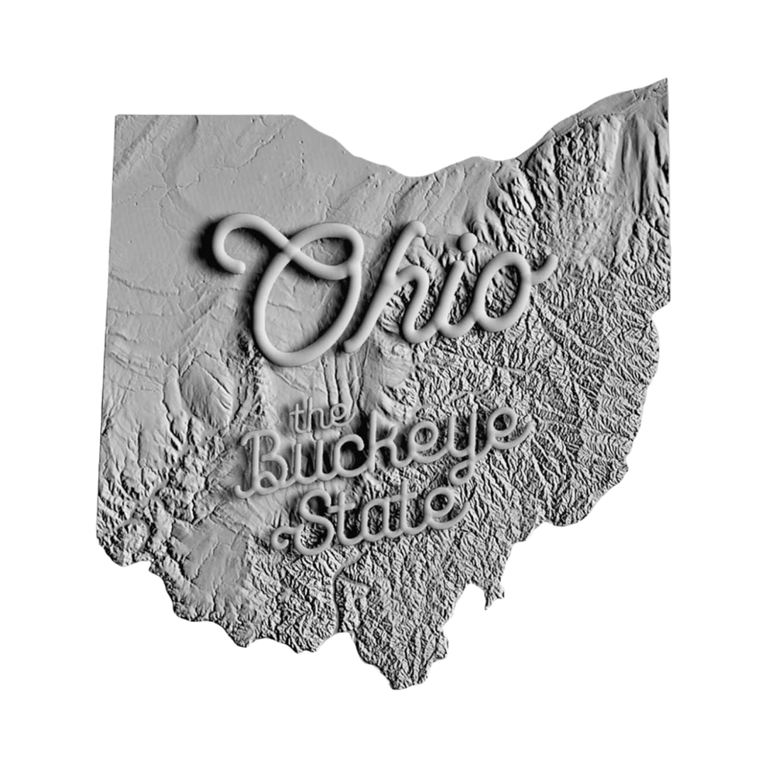 Ohio Terrain Map (Buckeye State) STL file for 3D printing and CNC routing, LightBurn and Vectric ready