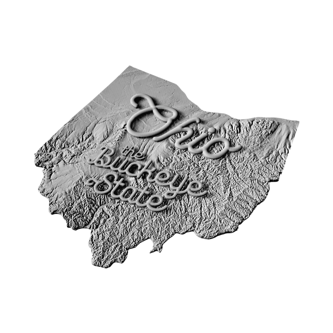 Ohio Terrain Map (Buckeye State) detail view, ready for 3D printing and CNC routing