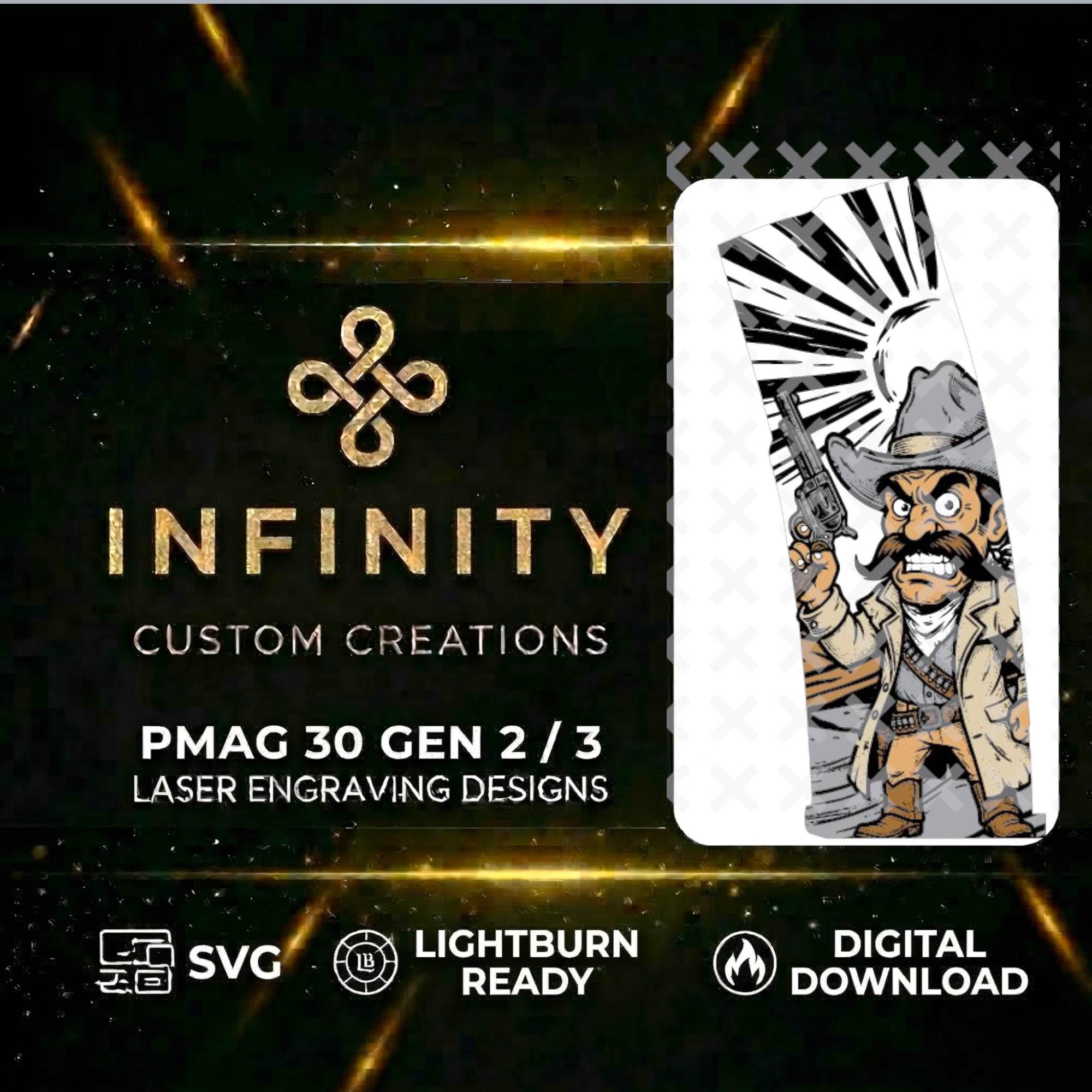 Outlaw Gunslinger MAG Design SVG file for digital crafting, LightBurn and Vectric ready
