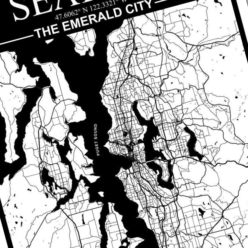 Seattle, Washington City Map detail view, ready for laser cutting and CNC routing