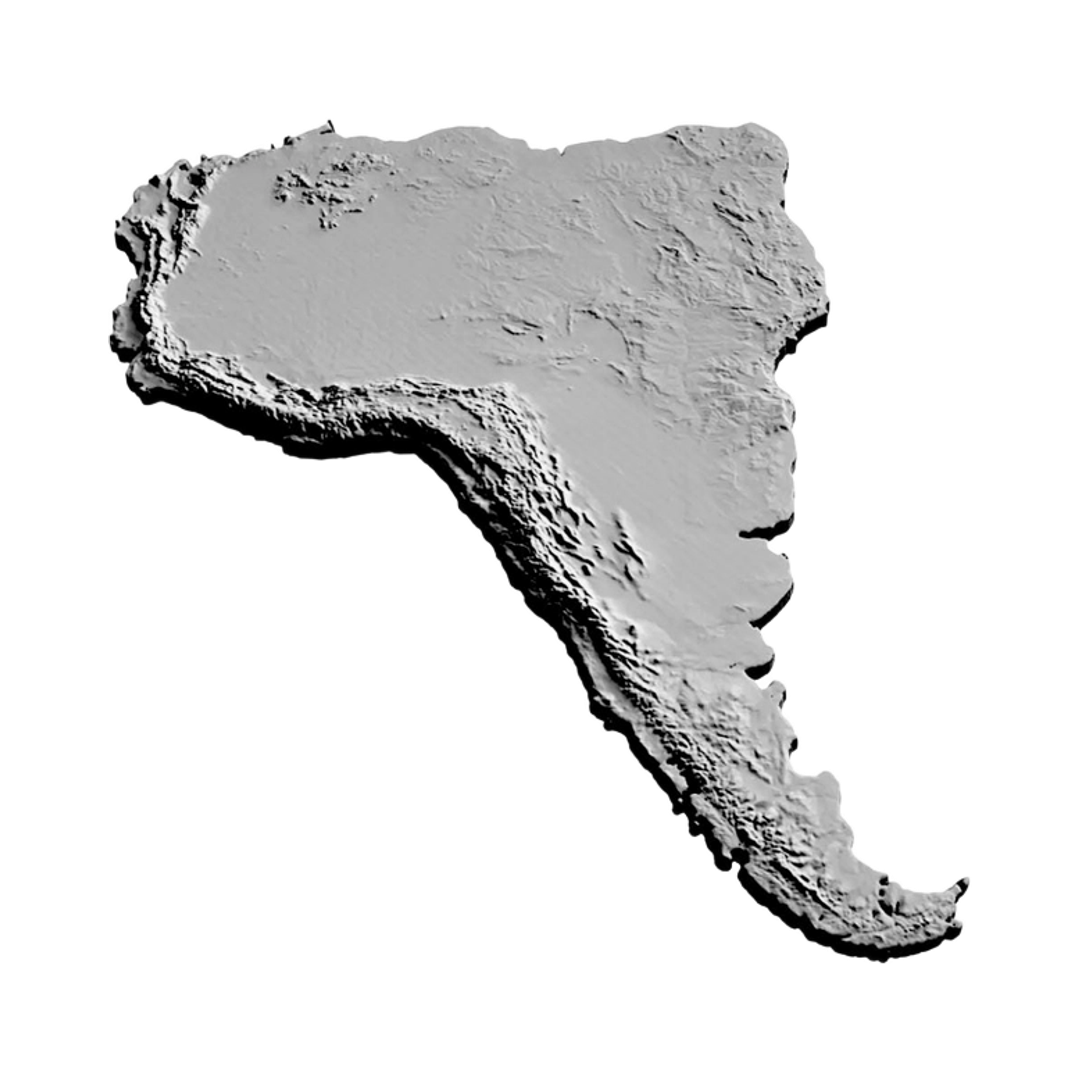South America Terrain detail view, ready for 3D printing and CNC routing