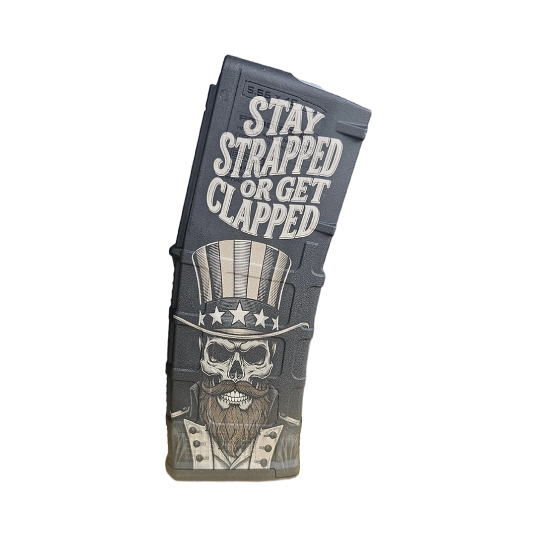 Stay Strapped or Get Clapped MAG Fiber Laser Engraving Design detail view, ready for digital crafting