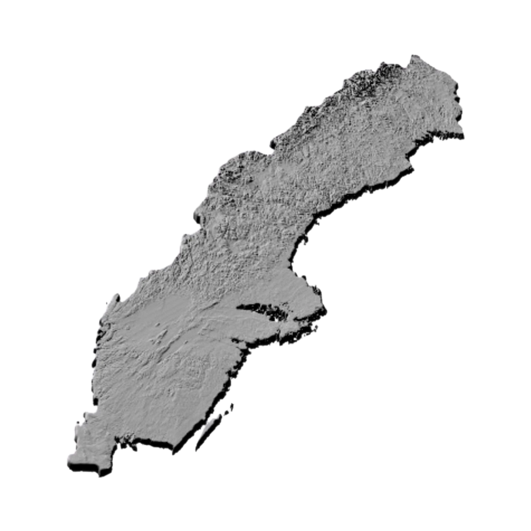Sweden Terrain Map detail view, ready for 3D printing and CNC routing