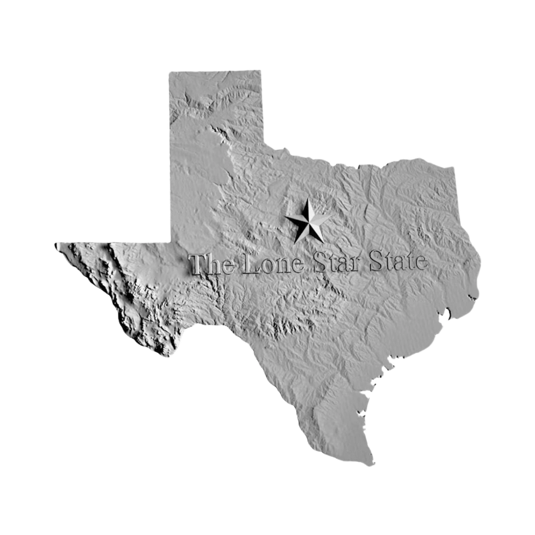 Texas Terrain Map - Lone Star State STL file for 3D printing and CNC routing, LightBurn and Vectric ready