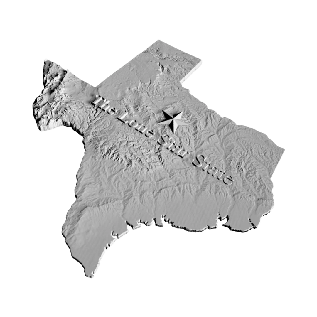 Texas Terrain Map - Lone Star State detail view, ready for 3D printing and CNC routing