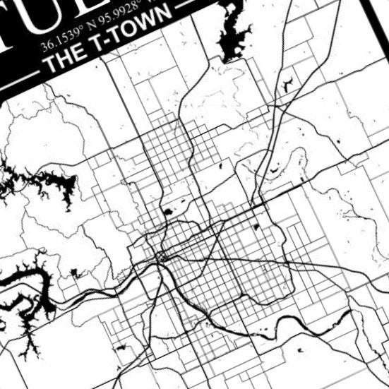 Tulsa, Oklahoma City Map detail view, ready for laser cutting and CNC routing