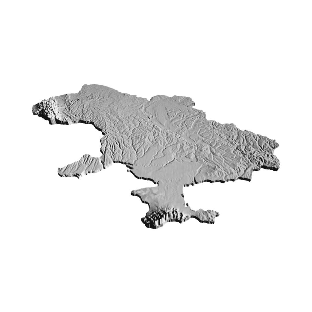 Ukraine Terrain Map detail view, ready for 3D printing and CNC routing