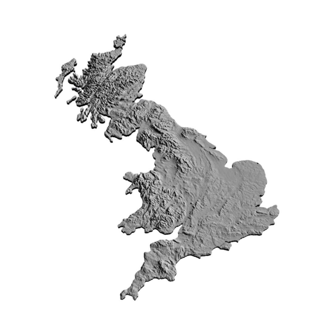 United Kingdom Terrain Map detail view, ready for 3D printing and CNC routing