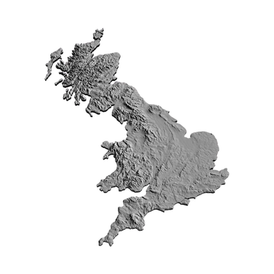 United Kingdom Terrain Map detail view, ready for 3D printing and CNC routing