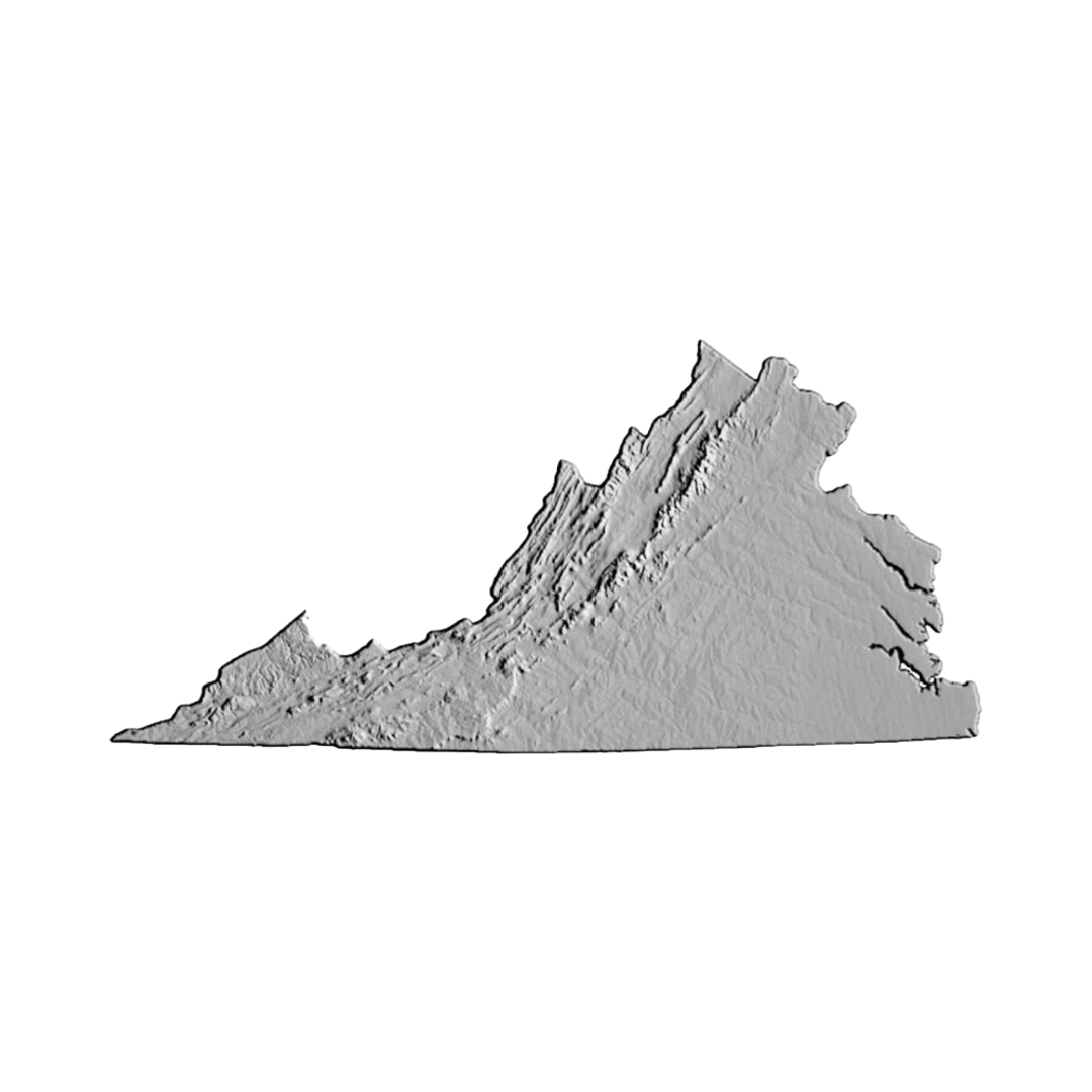 Virginia Terrain Map STL file for 3D printing and CNC routing, LightBurn and Vectric ready