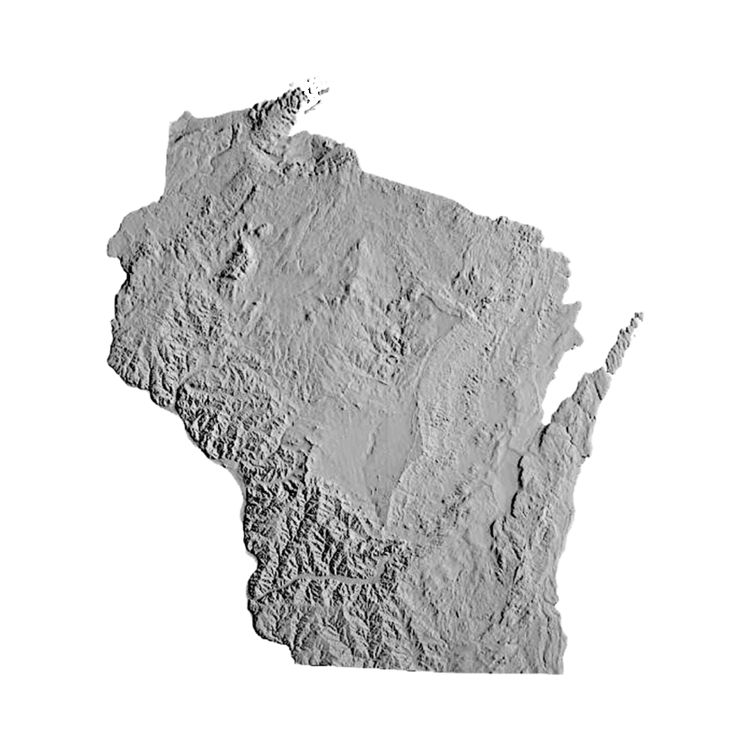 Wisconsin Terrain Map STL file for 3D printing and CNC routing, LightBurn and Vectric ready